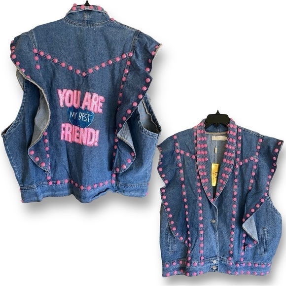 Lisette Embellished Ruffle Denim Vest Oversized Urban Streetwear NWT Y2K - Picture 3 of 13